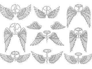 A set of detailed line art illustrations featuring various angel wings, some paired with halos and others with cracked skulls, creating a contrasting theme.