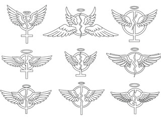 A collection of angel wing designs, each incorporating a halo and a unique symbol, creating a blend of spirituality and artistic expression.