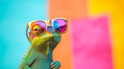 Chameleon in mirrored glasses poses against a colorful background with bright patterns and hues for a fun and playful display of style