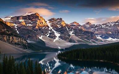 Scenic panorama of a sunrise over the snow-capped mountain peaks reflecting in the calm glacier lake water under a summer sky with clouds in the wilderness of the AlpsScenic panorama of a sunrise over