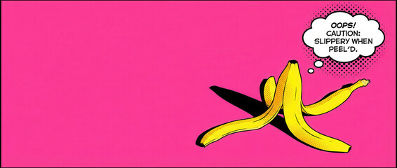 Cartoon banana peel with speech bubble on a pink background  