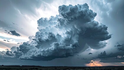 Fototapeta premium A dramatic, immense cloud formation dominates the frame. Heavy, dark clouds build up against a backdrop of golden light
