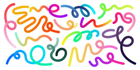Dynamic 3d rainbow ribbons and organic squiggles create a playful abstract pattern. These colorful wavy lines and fluid spirals add a fun, high energy vibe to modern kids designs and posters.
