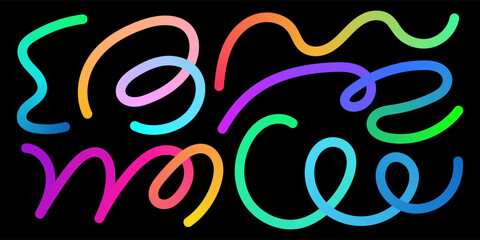 Holographic 3d ribbons and smooth doodle strokes feature a bright pride inspired palette. Abstract geometric twists and curvy graffiti lines offer a modern, high tech look for creative posters.