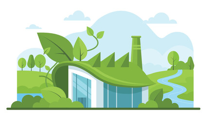 Green eco building with leaf roof surrounded by trees river and nature landscape showing sustainable architecture and environmental design