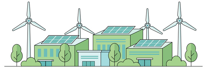 Green factory with solar panels and wind turbines showing clean power sustainable industry and eco friendly energy concept
