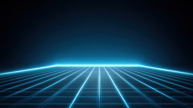 Futuristic digital grid floor with glowing blue lines against a dark background representing technology and virtual reality concept - Powered by Adobe