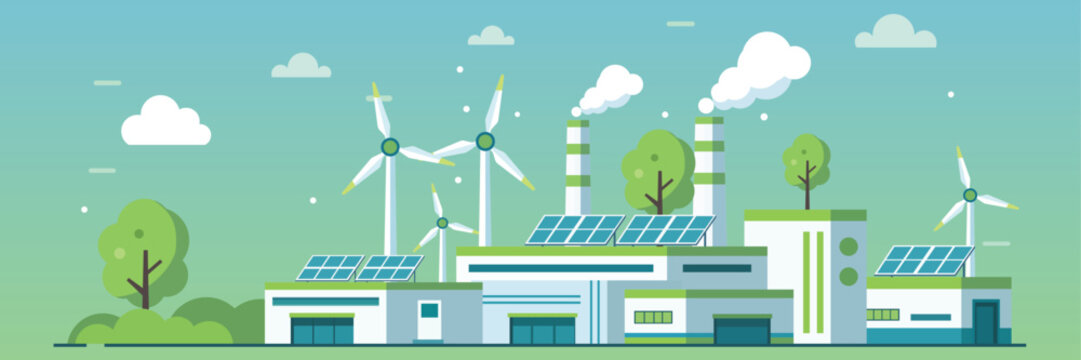 Green energy factory with solar panels wind turbines and clean technology showing sustainable industry and renewable power concept