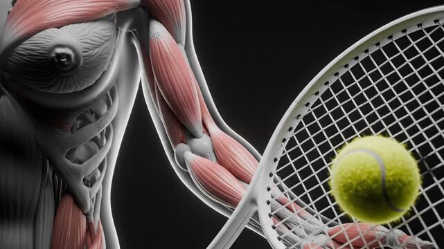 Anatomical tennis arm illustration with racket and ball on dark background