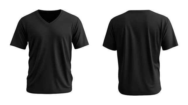 Plain Black V-Neck T-Shirt Mockup Front and Back Views 3D Rendering on transparent background