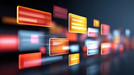 Abstract representation of dynamic digital data with glowing rectangles and vibrant colors on a sleek dark background