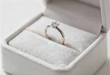 A classic silver diamond engagement ring is displayed in a white velvet jewelry box with a subtle rainbow prism light reflection.