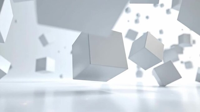 Abstract 3D rendering of white cubes floating in a bright, clean space.