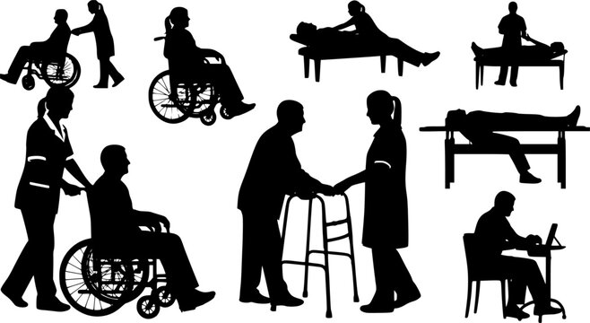 Disabled people care silhouette illustration, wheelchair and walker support, senior healthcare assistance, nurse helping elderly, rehabilitation, medical support scene