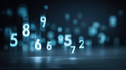 Ethereal Glowing Numbers Floating in Dark Space, Abstract Digital Environment, Futuristic Concept, Technology Background, Data Visualization, Minimalist Design