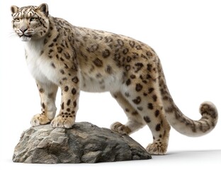 Obraz premium Majestic snow leopard with thick spotted fur stands proudly on a rocky outcrop, facing the viewer