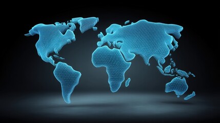 3D Blue Holographic World Map Featuring Hexagonal Patterns with Dark Background and Soft Lighting for Global Technology and Travel Themes