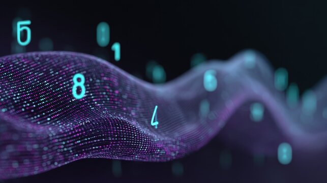 Abstract representation of digital data waves with glowing numbers forming a fluid pattern in a technologically advanced concept of data visualization - Powered by Adobe