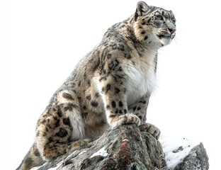 Fototapeta premium Regal snow leopard atop a rocky ledge, poised against a pure white backdrop