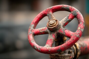 Close-up of an old red industrial valve wheel handle with peeling paint and rust. Pipe control background.