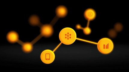 Abstract digital connectivity concept with glowing icons representing technology, data analysis, and communication on a dark background