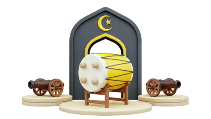 Ramadan Celebration Icons: Drum, Cannons, and Islamic Arch