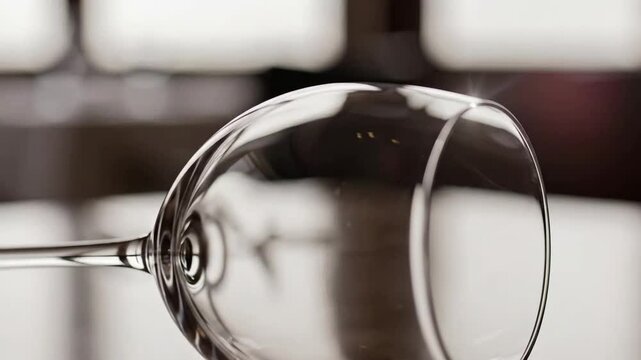 Elegant wine glass lying on its side, reflecting light on a table.
