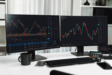 Two screens of dynamic stock market exchange graph showing on computer. Automatically trading sell or buy profit on time application investment on financial technology updated on software. Infobahn.