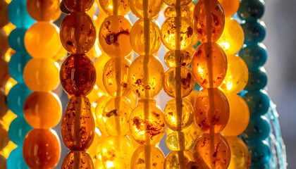 glowing translucent amber prayer beads showing intricate natural inclusions close-up details for spiritual devotion and cultural design projects