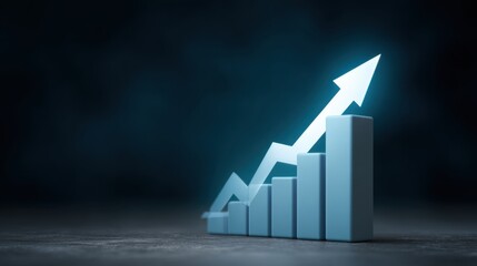 Abstract representation of business growth with upward arrow and stylized bar graph in blue tones against a dark blurred background