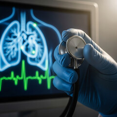 Doctor Examining Lungs with Stethoscope and Digital Heart Visualization