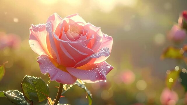 Delicate pink rose with water droplets glistening in the soft morning light.
