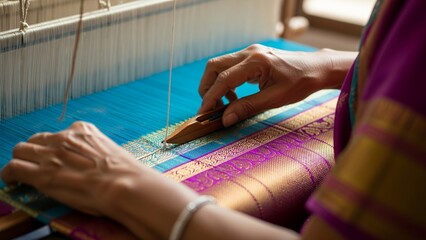 Skilled hands weaving vibrant fabric on traditional loom