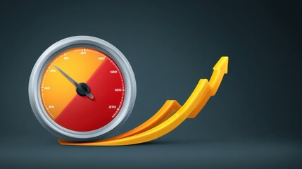 Speedometer with vibrant red and orange face indicating high performance with upward arrows representing growth and progress in a sleek modern design