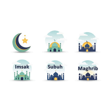 Islamic Symbols and Mosque Illustrations for Prayer Times.
