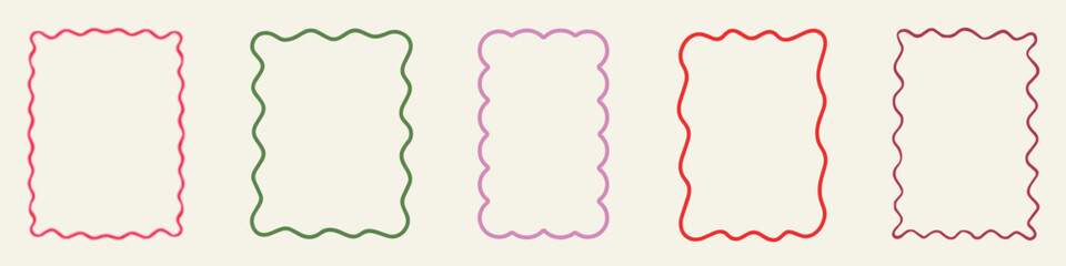 Fototapeta premium Zig zag wavy edge rectangle frame or border shapes set. Rectangle shapes with curvy squiggly doodle lines. Abstract elements for template, stickers, promo material, web or social media design.