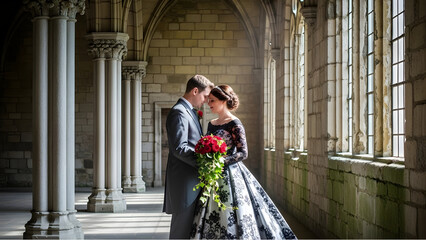 A romantic wedding couple embraces lovingly in a grand historic stone hall, holding a vibrant red rose bouquet.