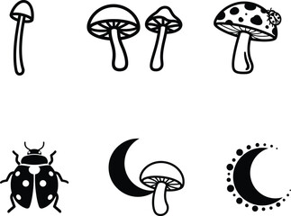 Black and white illustrations of mushrooms and insects on white background