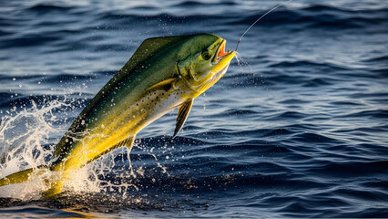 A magnificent dorado fish with iridescent yellow and green scales dramatically breaches the ocean surface, creating a splash while hooked on a fishing line.