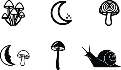 Black and white illustrations of mushrooms and moon and snail