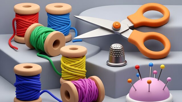 Stylized 3D render of colorful thread spools (red, blue, green, yellow, purple), orange scissors, silver thimble, and pink pincushion with multicolored pins on gray steps. - Powered by Adobe