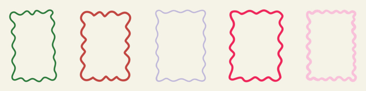 Zig zag wavy edge rectangle frame or border shapes set. Rectangle shapes with curvy squiggly doodle lines. Abstract elements for template, stickers, promo material, web or social media design.