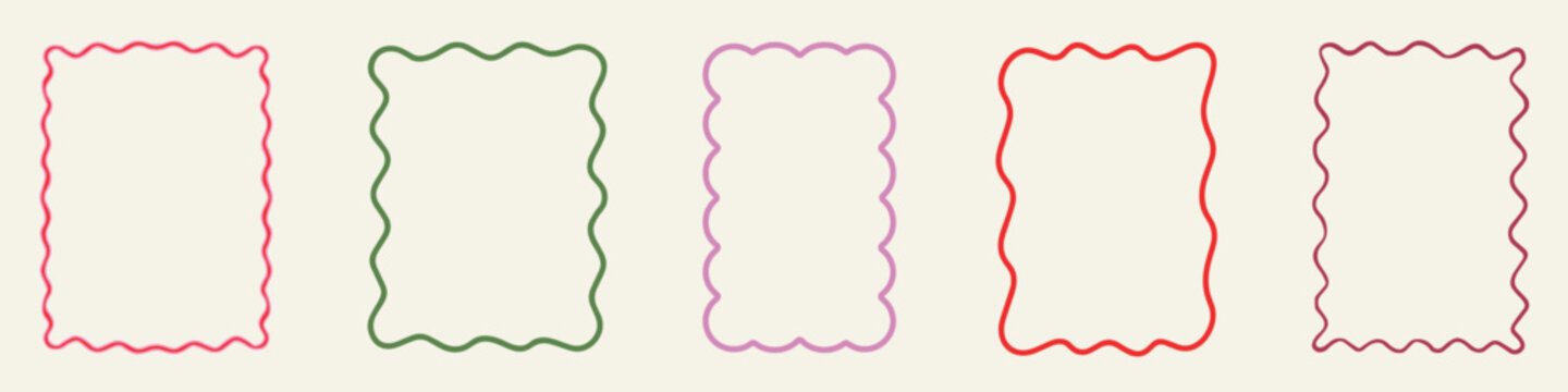 Zig zag wavy edge rectangle frame or border shapes set. Rectangle shapes with curvy squiggly doodle lines. Abstract elements for template, stickers, promo material, web or social media design.