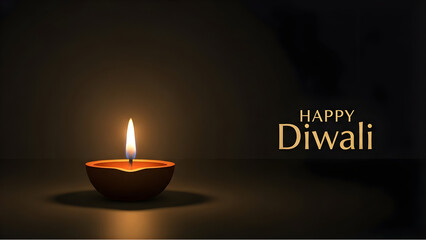 A traditional clay diya with a bright flame illuminating a dark background, celebrating Happy Diwali.