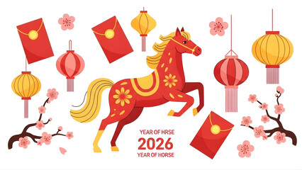 A vibrant collection of Chinese New Year elements featuring a red zodiac horse, lanterns, and cherry blossoms for 2026.