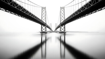 Fototapeta premium black and white bridge with calm water reflection spanning a wide river on a misty day illustrating modern architecture and robust engineering.