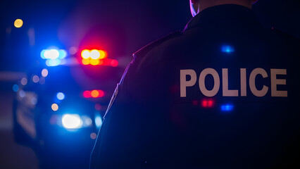Rear view of a police officer's uniform with "POLICE" text, standing in front of a patrol car with flashing blue and red emergency lights at night.