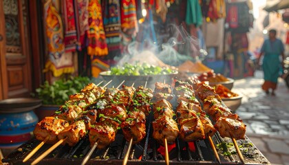 Moroccan Street Kebab Stall. Barbeque Skewers Close Up