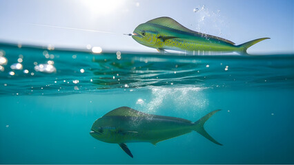 Vibrant mahi-mahi fish leaping above and swimming below the clear ocean surface under bright sunlight.