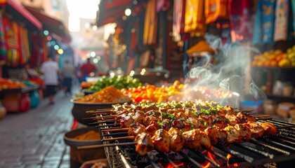 Moroccan Street Kebab Stall. Barbeque Skewers Close Up